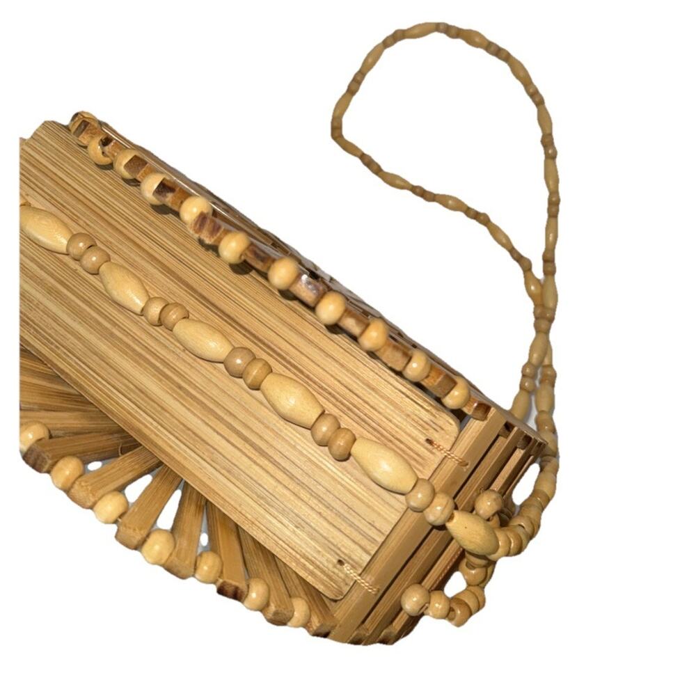 Handmade Bamboo Open Slats Round Cylinder Purse 8in Diameter With Shoulder Strap - Picture 4 of 8
